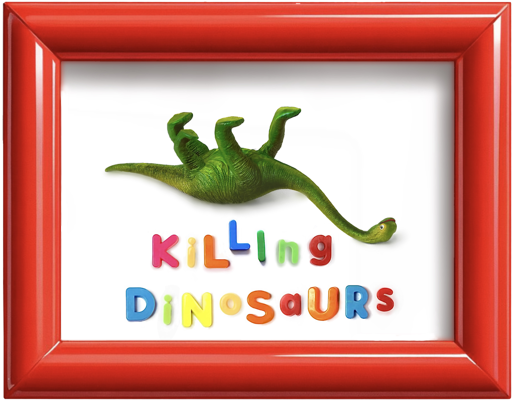 A toy dinosaur on its back in a red picture frame with colorful fridge magnet letters spelling Killing Dinosaurs